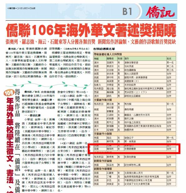 狂賀！恭喜秀威作者韓商羚榮獲「僑聯106年海外華文著述獎」！